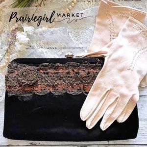 Vintage Black Clutch Purse & Pink Driving Gloves Set